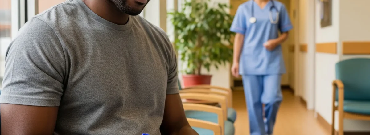 African American commercial truck driver filling out FMCSA medical form in a modern clinic waiting room, preparing for his DOT physical, with a nurse in scrubs assisting in the background