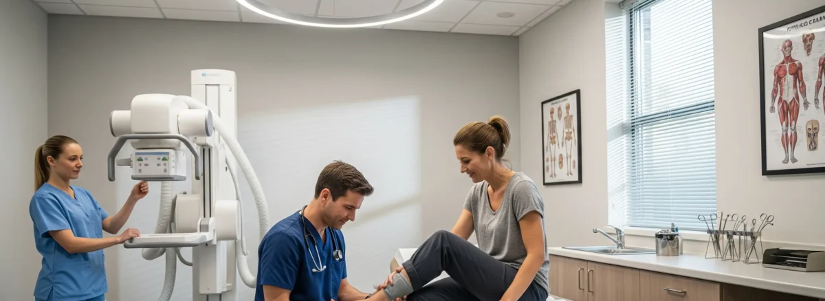 A photorealistic scene inside a modern urgent care clinic: a doctor in scrubs gently examining a patient’s swollen ankle as the patient sits on a padded exam table. In the background, a nurse adjusts a digital X-ray machine and a bright LED light illuminates a clean, well-organized treatment room. The clinic has neutral tones with soft natural light streaming through a window, stainless steel medical instruments neatly arranged on a countertop, and anatomical posters on the wall. Emphasize crisp detail, lifelike skin tones, and a calm yet professional atmosphere. --ar 16:9